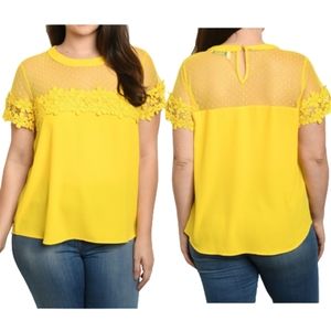 Angela Plus Yellow Blouse Illusion Neckline Lace Polka-Dots NWT Bright